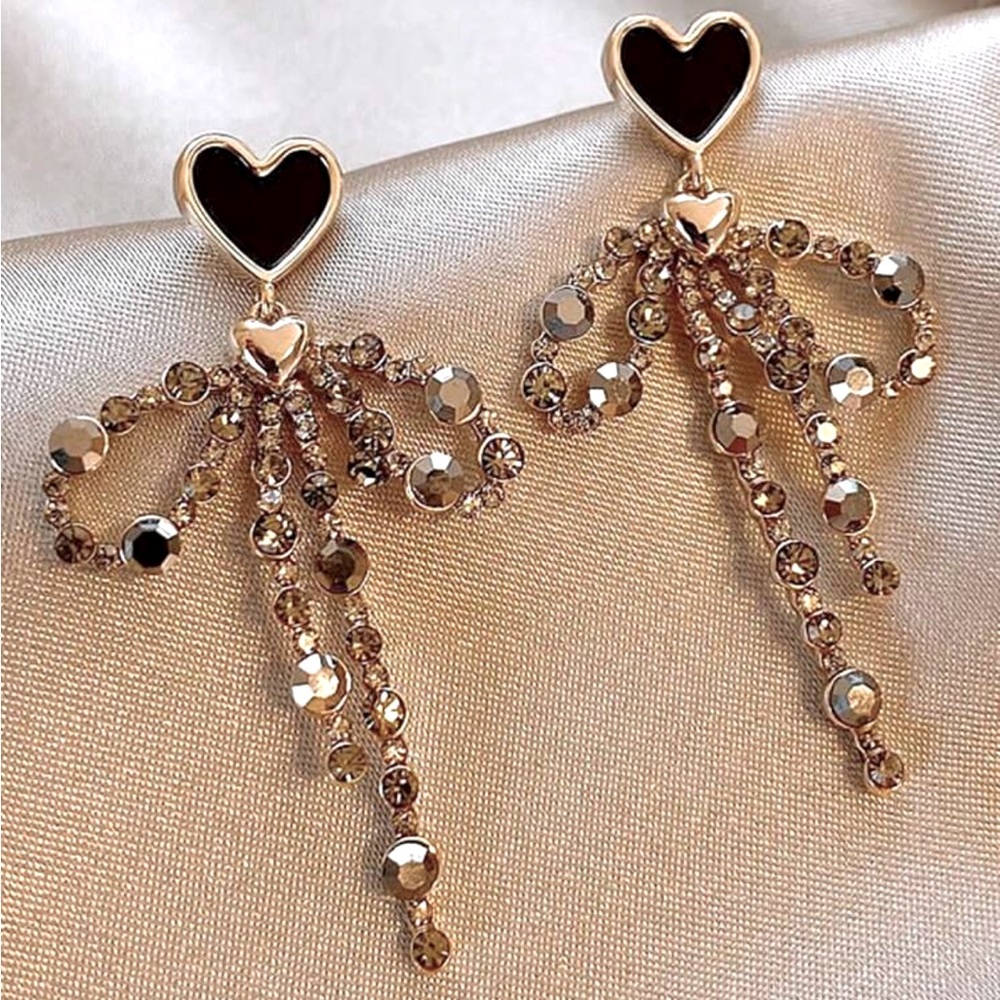 Heart Drop Earrings with Black and Gold Bowknot Accent NEW 🏷️